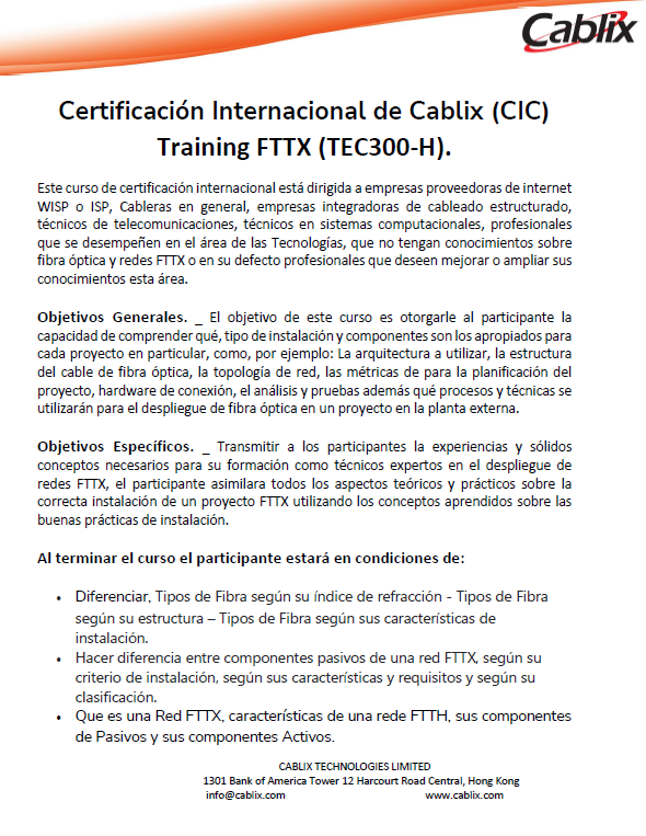 Certificación Internacional de Cablix (CIC)Training FTTX (TEC300-H).