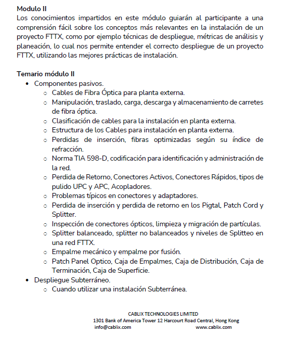 Certificación Internacional de Cablix (CIC)Training FTTX (TEC300-H).